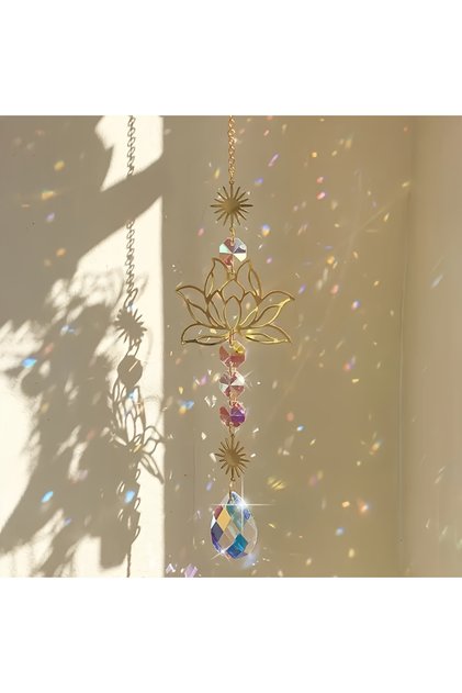 A 1pc Exquisite Lotus Flower Crystal Glass Suncatcher with Prism Beads, Celestial Accents for Windo.