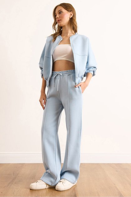 Women's Baby Blue Zippered Top with Stitching Detail Bottom Tracksuit Set Etkm-0000085