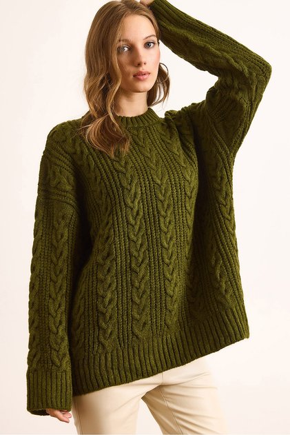 Women's Khaki Thick Hair Braided Oversize Knitwear Sweater Kzk-19000986