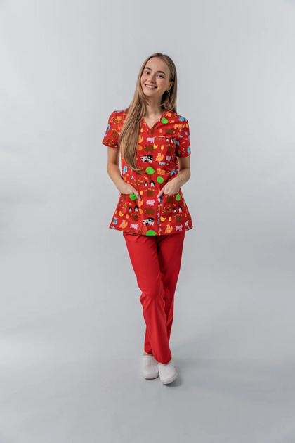Bluza medicală Ana - cod 92 – model tricou cu imprimeu animalute și guler în V - 2XL