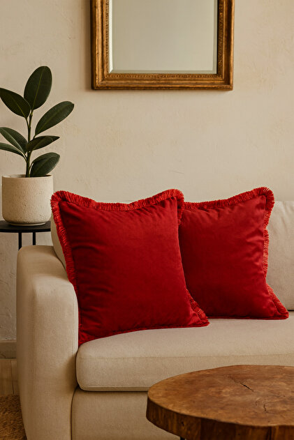 Decorative Fringed Set of 2 Throw Pillow Covers Red 43X43