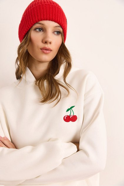 Women's White Cherry Embroidered Hooded Sweatshirt Swt-19000734