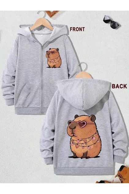 Girl-Boy Gray Glasses Capybara Front-Back Printed Hooded Zippered Cardigan