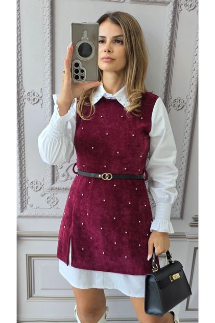Rochie cămașă cu vestă raiată și inserții metalice