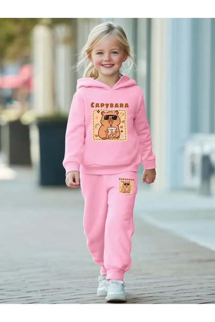 Girl's Pink Hooded Capy Bara Printed Sweatshirt-Pink Sweatpants Set