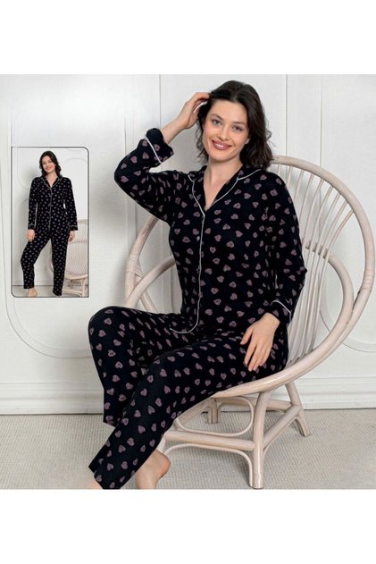 Patterned Long Sleeve Comfortable Women's Buttoned Pajama Set