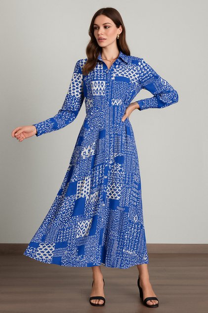Women's Cobalt Blue White Patterned Long Sleeve Buttoned to Waist Moroccan Maxi Shirt Dress
