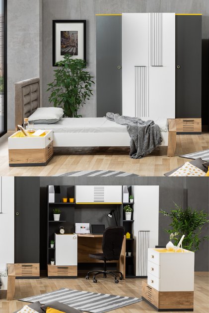 Relax Genç Odası - 4 Kapılı Dolap, Karyola, Komodin, Şifonyer, Çalışma Masası, Kitaplık