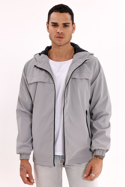 Men's Gray Hooded Nova Fabric Stylish Seasonal Water and Windproof Raincoat