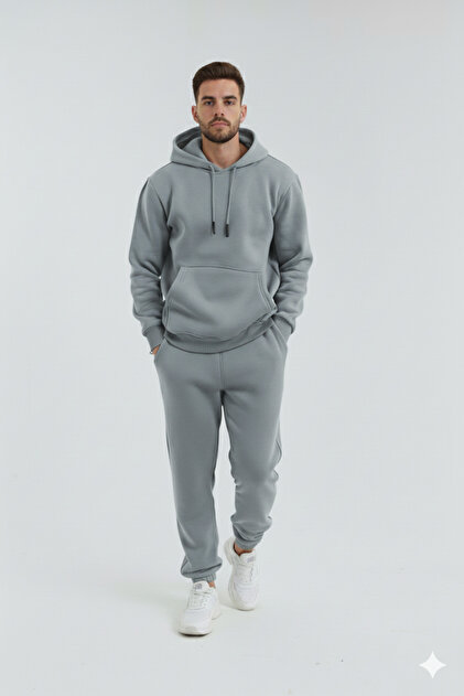 Three Thread Compact Hooded Kangaroo Pocket Cotton Lined Soft Oversize Tracksuit Set