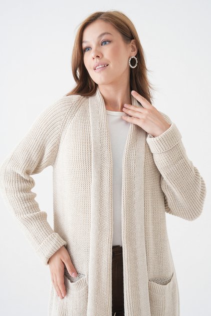 Women's Cream Knitwear Fabric Double Pocket Detail Shawl Collar Long Cream Cardigan 5001
