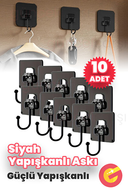 10 Adet Duvara, Dolaba Yapışan Güçlü Yapışkanlı Siyah Duvar Askısı, Delmeden, Vida Kullanmadan