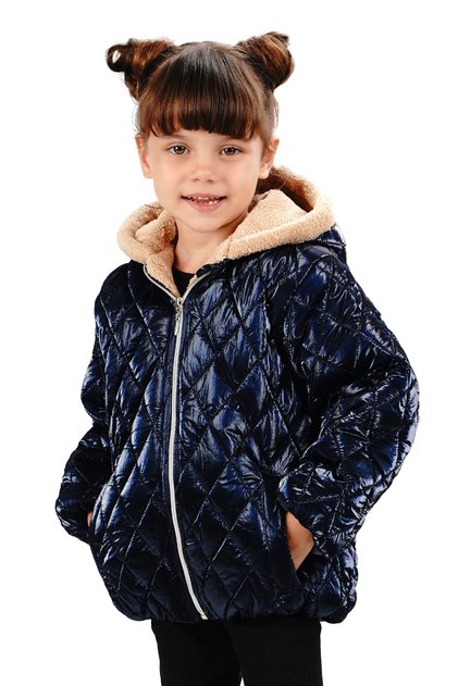 Girl's Waterproof and Windproof Fur-Lined Hooded Coat with Shiny Argyle Pattern in Navy Blue