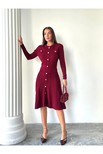 Women's Burgundy Stylish Gold Button Detailed Elegant Long Sleeve Knitwear Dress (Size S/M)