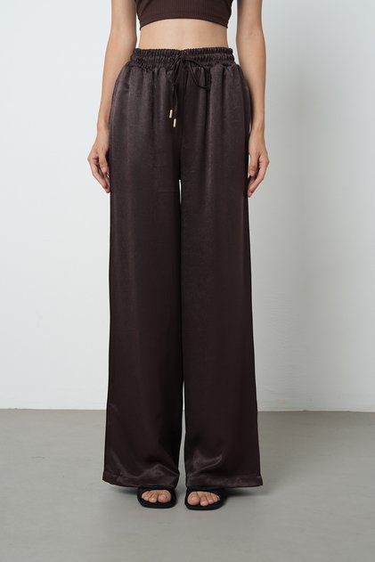 Women's Solid Color Lace-Up Detail Wide Leg Elastic Waist Trousers