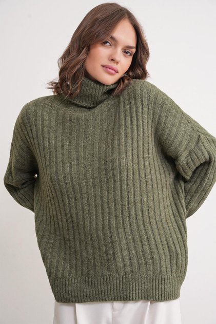 6928 Women's Ribbed Turtleneck Knit Sweater Khaki