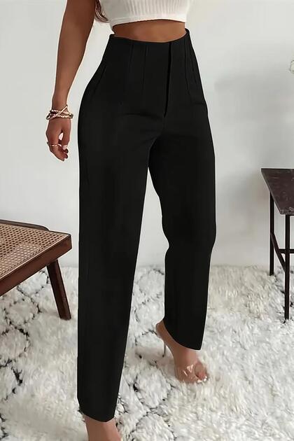 Schwarze Damen-Hose aus Kreppstoff mit hoher Taille, schmaler Passform und Reißverschluss
