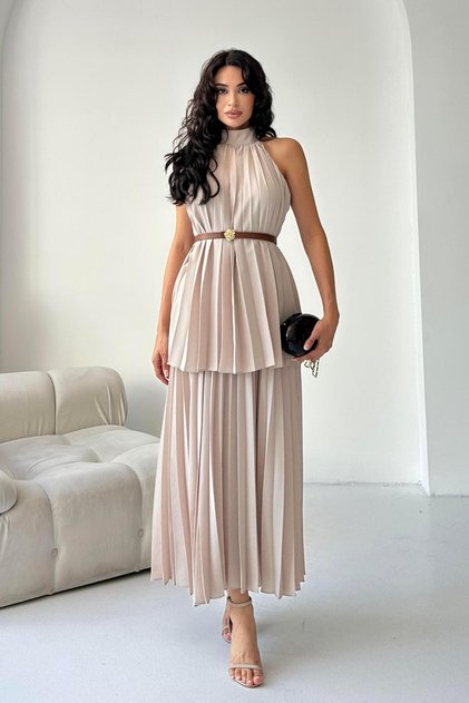 Beige Pleated Halter Neck Belted Dress