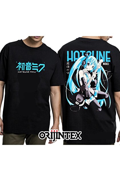 orijintex Hatsune Miku Ön Arka Baskılı Unisex Siyah Tshirt