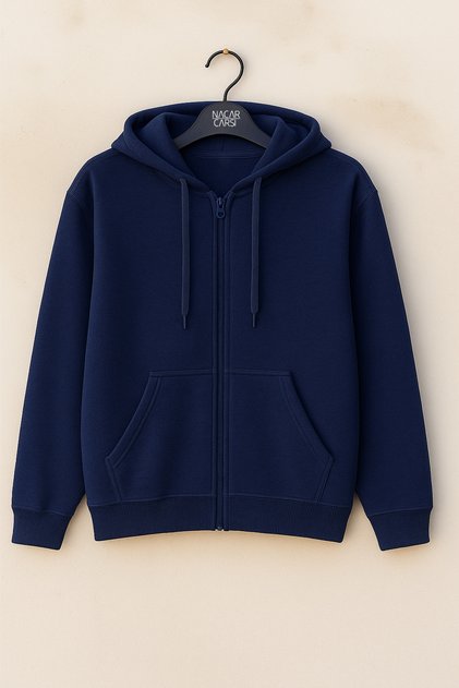 Unisex Navy Blue 2 Thread Compact Combed Cotton Lycra Zippered Hooded Sweatshirt Cardigan