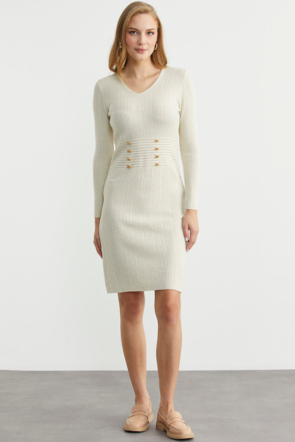 Button Detailed V-Neck Knitwear Dress - Stone