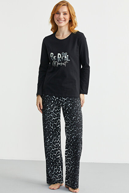 Soft Textured Leopard Combination Comfortable Set - Black