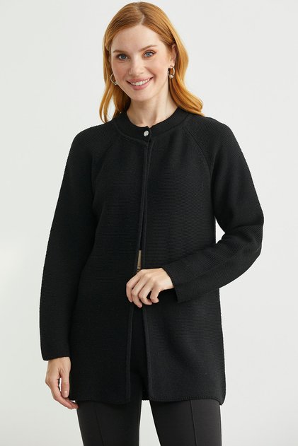 Zero Collar Wool Long Knit Cardigan - Black
