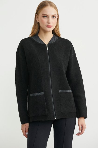 Wool Knit Jacket with Zipper Pocket Detail - Black