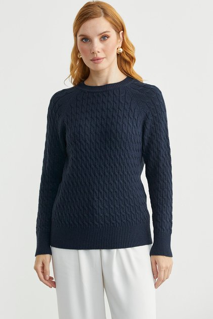 Round Neck Knit Sweater with Hair Braid Motif - Navy Blue