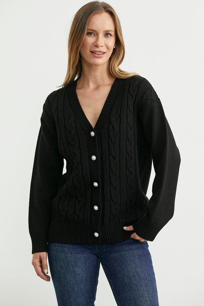 Pearl Button Detailed Knitwear Cardigan - Black