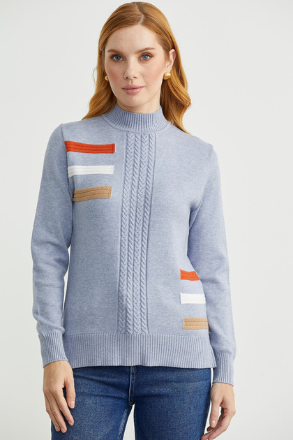 Turtleneck Color Detailed Knitwear Sweater - Blue