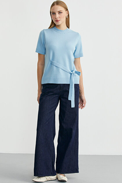 Belted Short Sleeve Knit Sweater - Blue