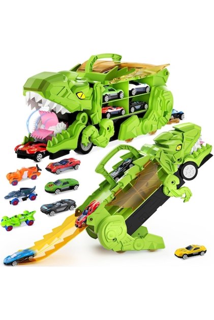 DinoMax Transporter Camionul care Inghite Masini, 8 Masinute Metalice, Pista de Lansare, Depozit