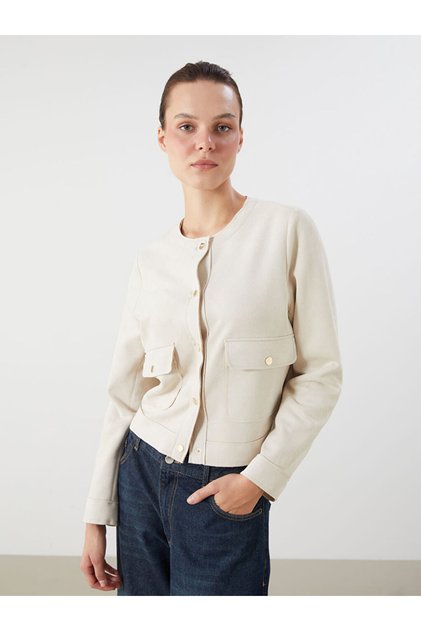 Ecru Crew Neck Suede Look Women's Jacket