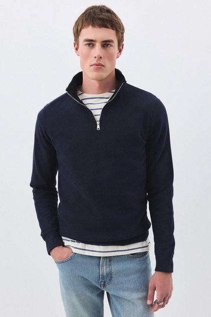 Men's Standard Fit Cotton Thessaloniki Fabric Half Zipper Stand Collar Sweatshirt Navy Blue