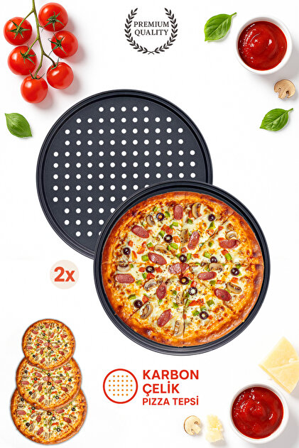 2 Pieces Stainless Carbon Steel, Perforated, Fireproof Non-Stick 30 cm Large Size Pizza and Lahmacun Tray