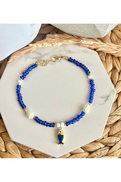 Navy Blue Fish and Shell Anklet