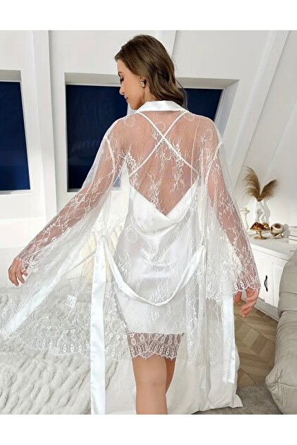 QUEENELA Guipure Lace Dressing Gown and Thin Strap Satin Nightgown Set-  Trendyol