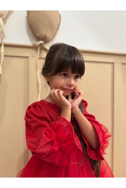 Red Twinkle Fabric with Tulle Skirt Cotton Lining Bow Long Sleeve Girls' Baby Dress