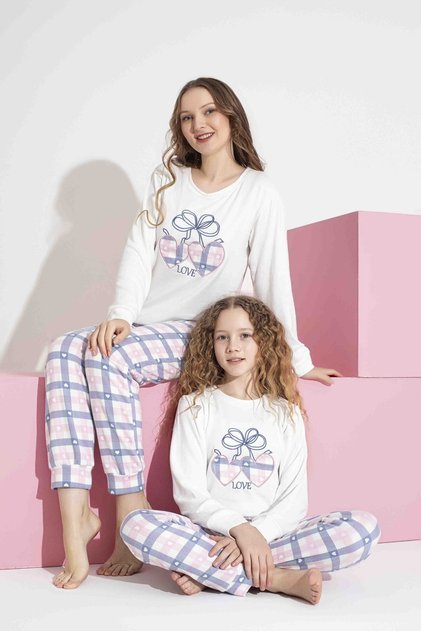 Tarik Women's White Heart Pattern Mother-Daughter Matching Thermal Winter Warm Soft Pajama Set