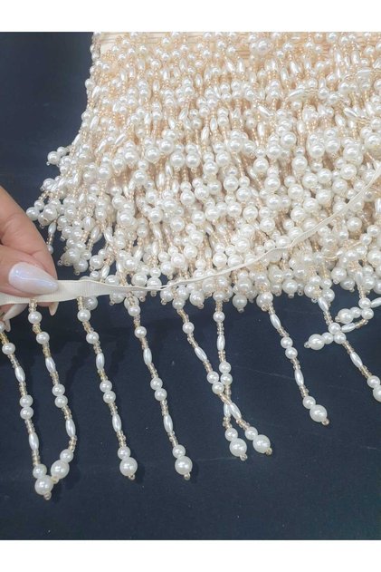 شريط زخرفي مزين بالخرز اللؤلؤي، لون كريمي