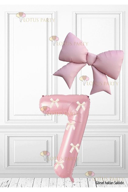 White Color Bow-Tied Pink Color Number Balloon Pink Color Bow Foil Balloon Pink Bow Set Age 7