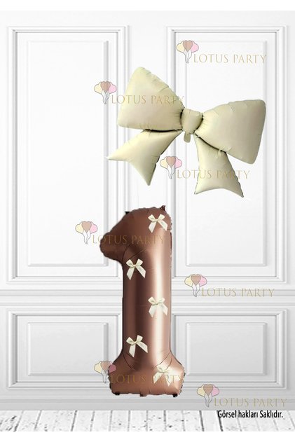 White Color Bowknot Brown Number Balloon - Cream Color Bowknot Foil Balloon Retro Bowknot Set 1 Year Old
