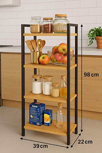 4 Katlı Metal Çerçeveli Ahşap Raf – Mutfak & Banyo Düzenleyici Çok Amaçlı Organizer (98x39x22 cm)