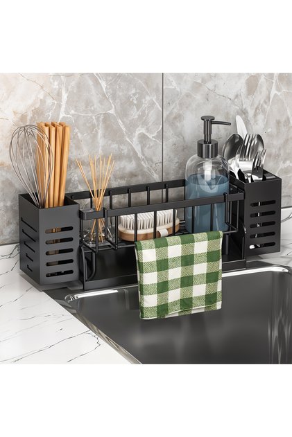 ® Scurgător automat pentru tacâmuri, suport pentru chiuvetă, bureți, metal durabil 30,5 × 9 × 11 cm, negru