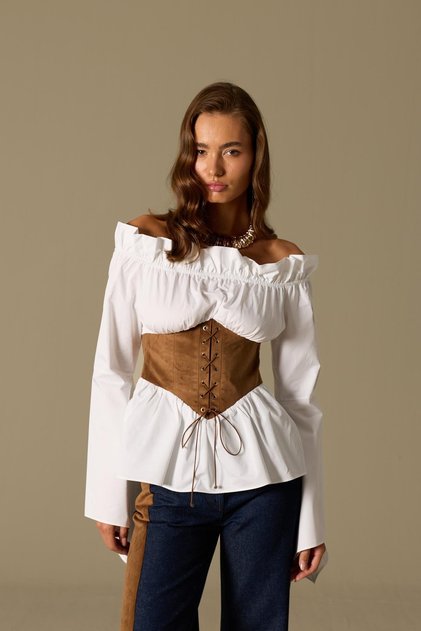 Retro Korse Tale Elastic 100% Pamuk Gömlek Büstiyer Beyaz