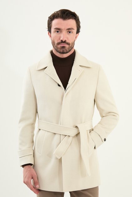 Plain Slim Fit Shirt Collar Belted Cashmere Men's Coat Ecru - 21288.23K