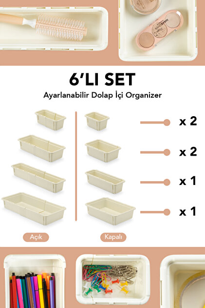 Meleni Home 6'lı Uzayan Dolap İçi Düzenleyici - Çok Amaçlı Banyo