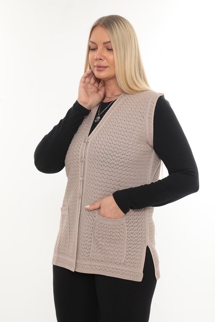 Women's Mercerized Pocketed Buttoned Rolax Knitwear Seasonal Mother's Vest