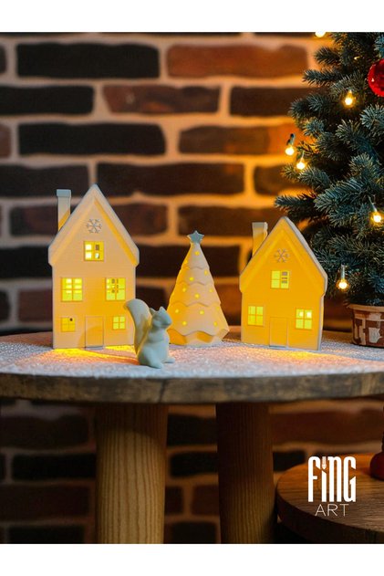 Kar Taneli Kış Evleri ve Çam Ağacı Seti - 2 Ev + 1 Ağaç (Sincap + Tealight Mum Hediyeli)